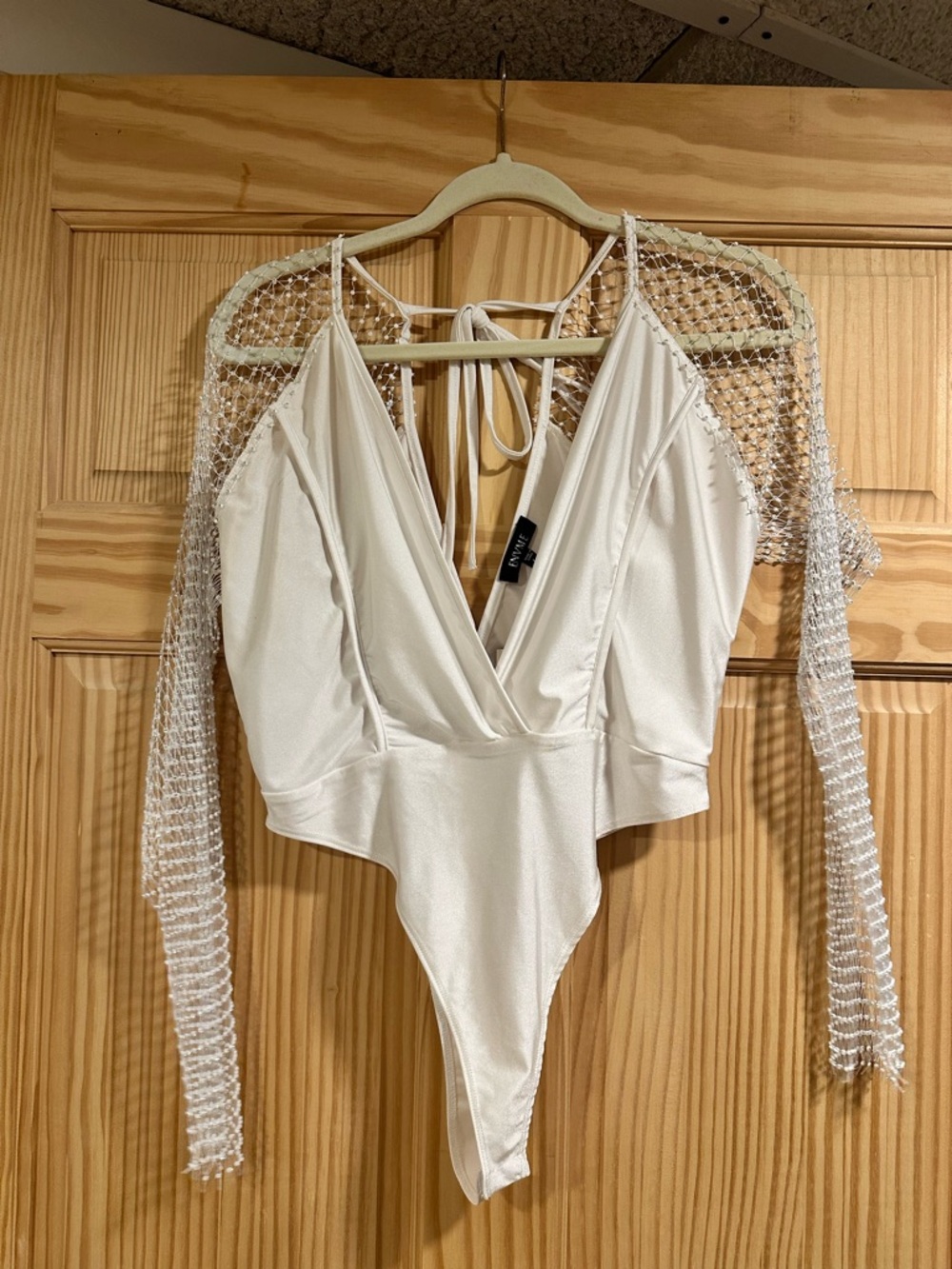 Sheer-Sleeve White Plunge Bodysuit